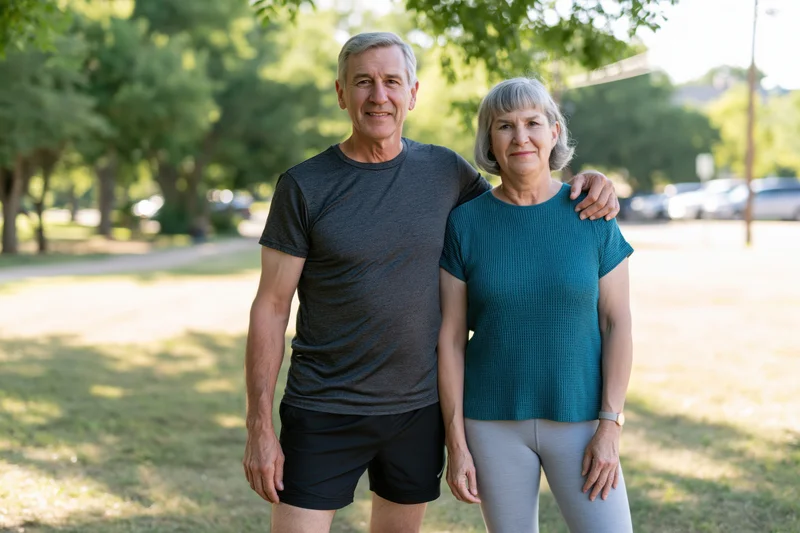 Senior couple standing together in a park smiling during daytime