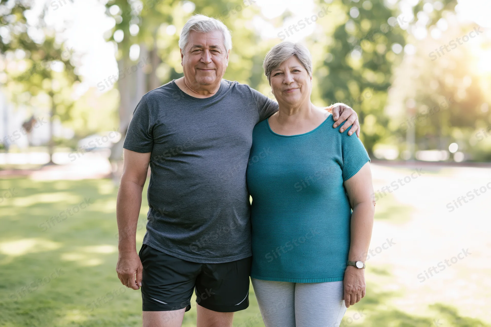 Senior couple standing together in a park smiling at camera