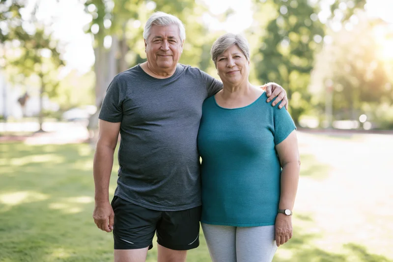 Senior couple standing together in a park smiling at camera