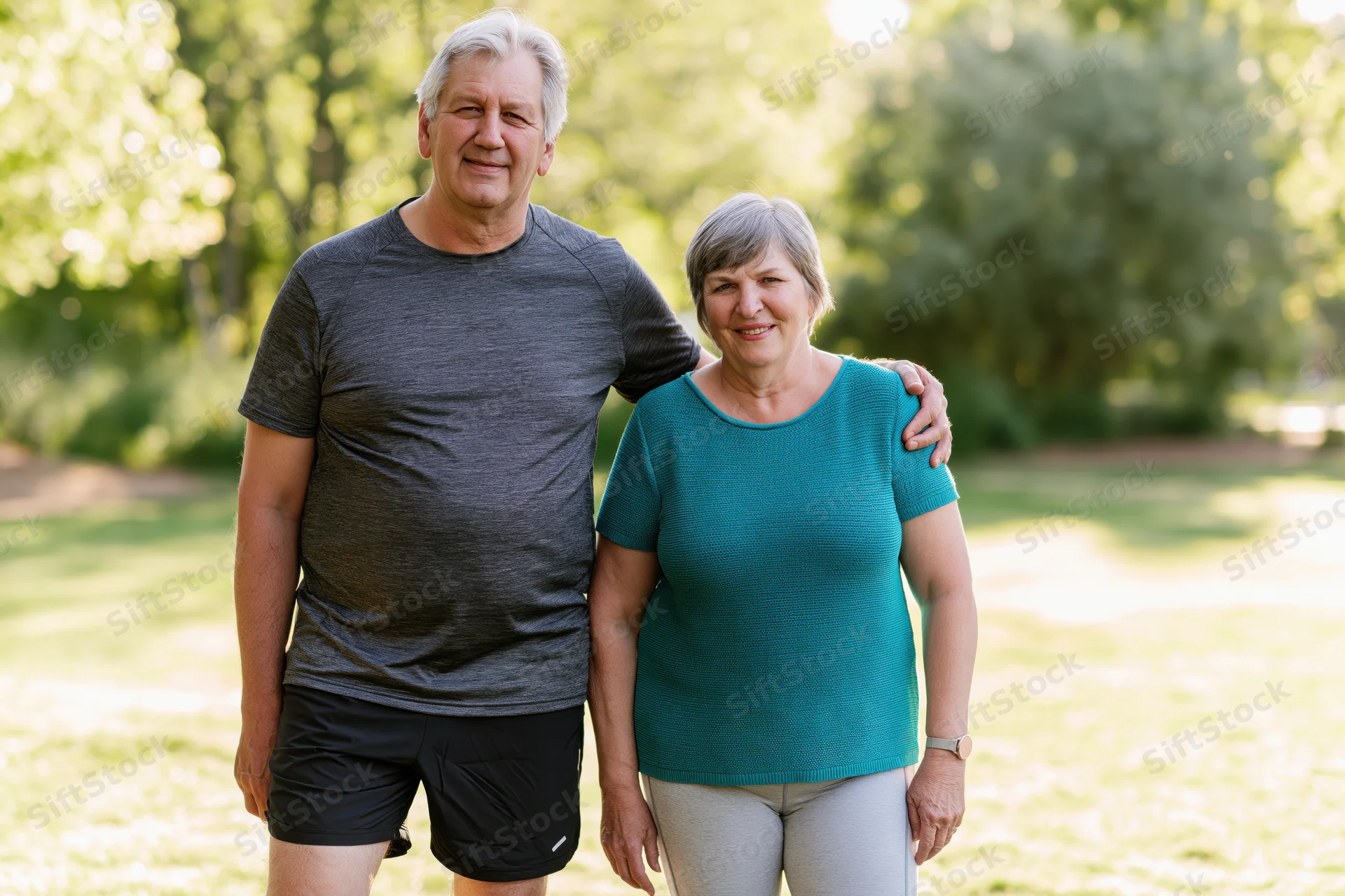 Older couple standing together in a park smiling at camera