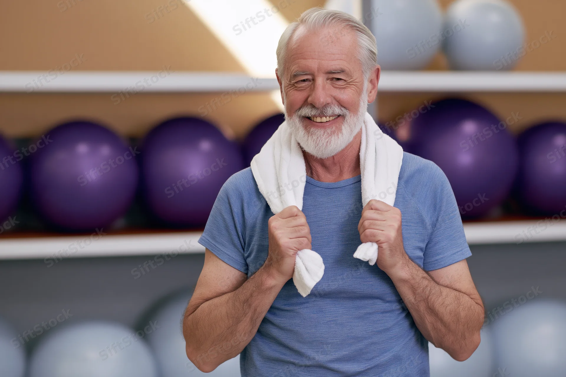 Senior man smiling with towel around neck in gym