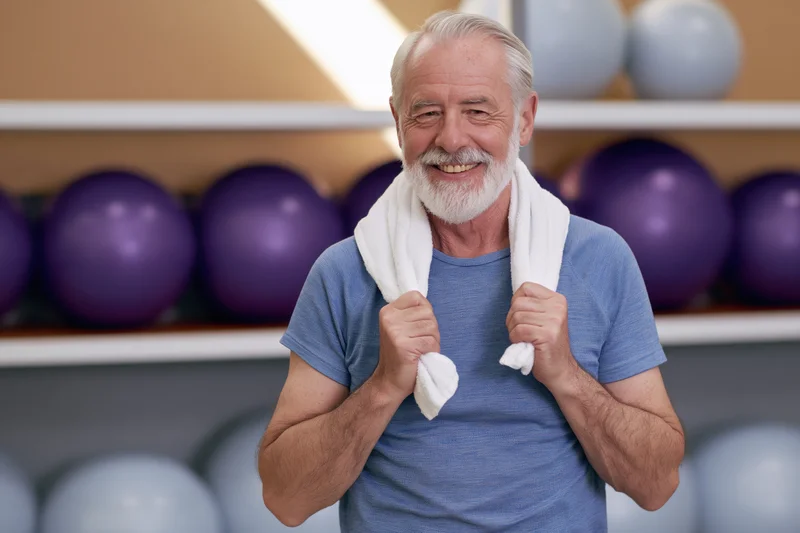 Senior man smiling with towel around neck in gym