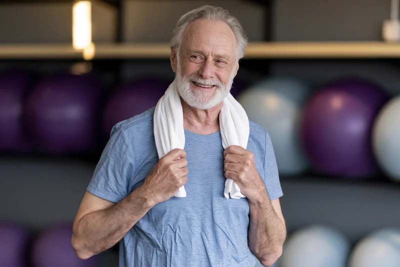 Senior man smiling with towel around neck in gym