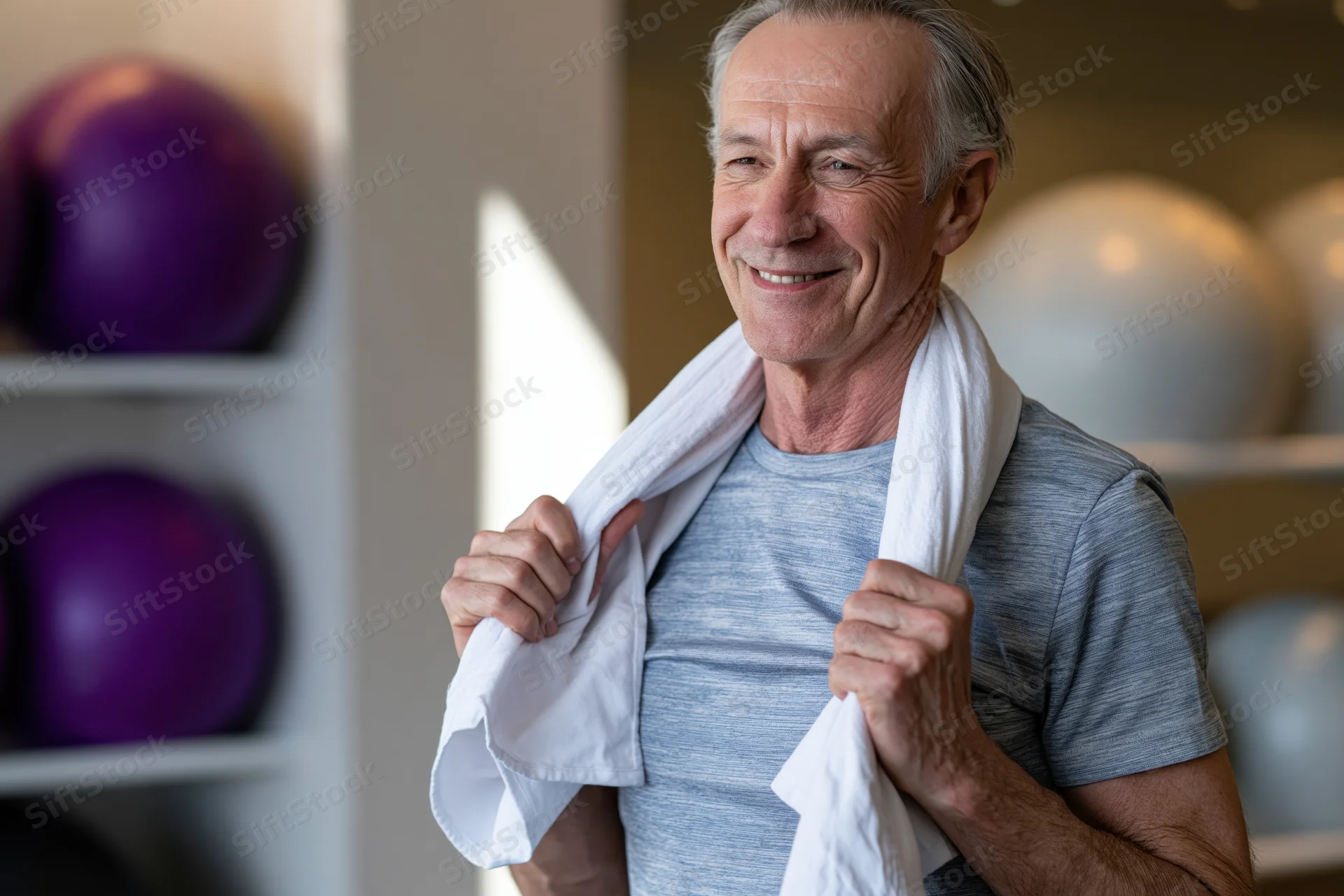 Senior man smiling with towel around neck in gym
