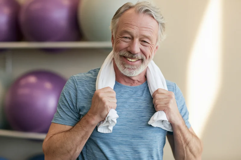 Senior man smiling with towel around neck after workout in gym