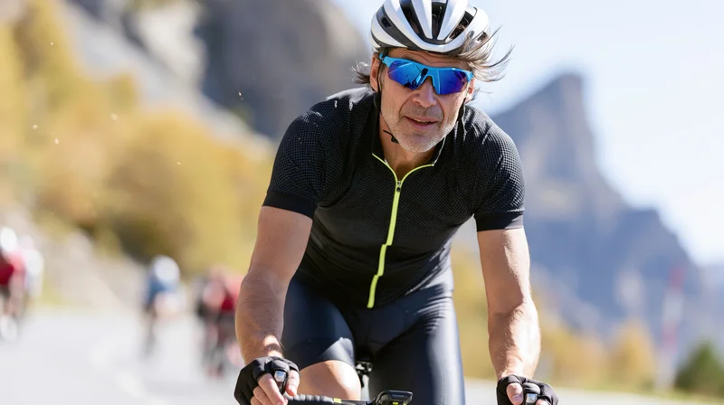 Older man riding a road bike on a mountain route with helmet and sunglasses, focused expression, surrounded by other cyclists in the background