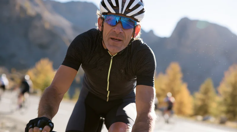 Senior man cycling on a mountain road in autumn foliage