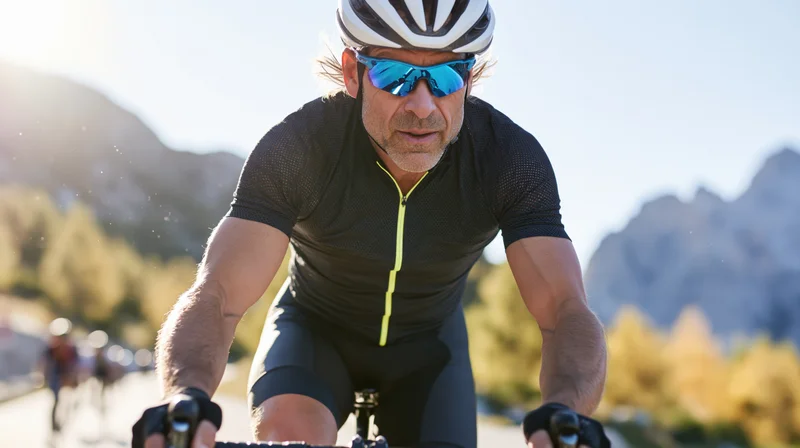 Senior man riding a road bike on a mountain trail in daylight