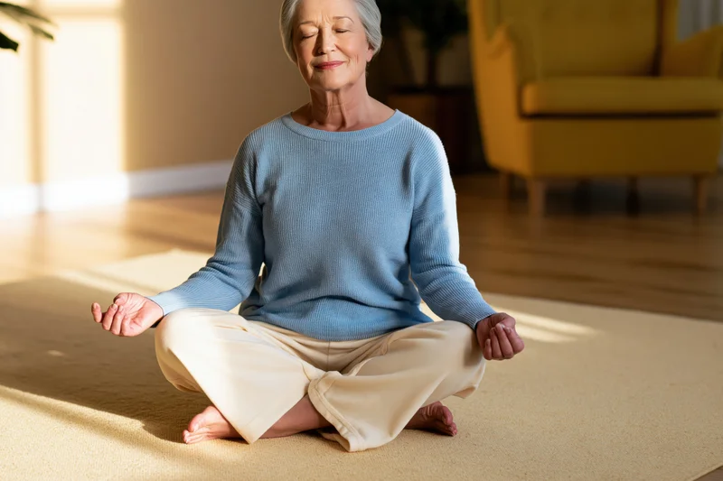 Senior woman meditating cross-legged on carpet in living room with sunlight streaming in