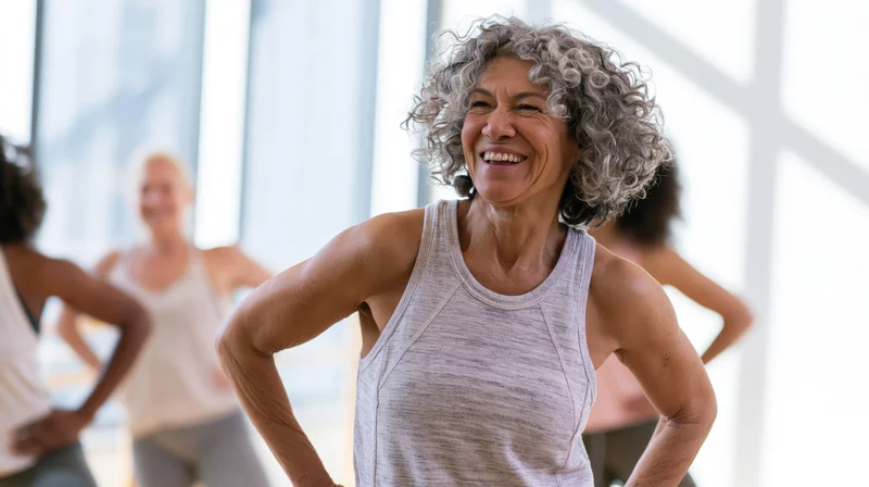Senior woman smiling during group fitness class in bright gym