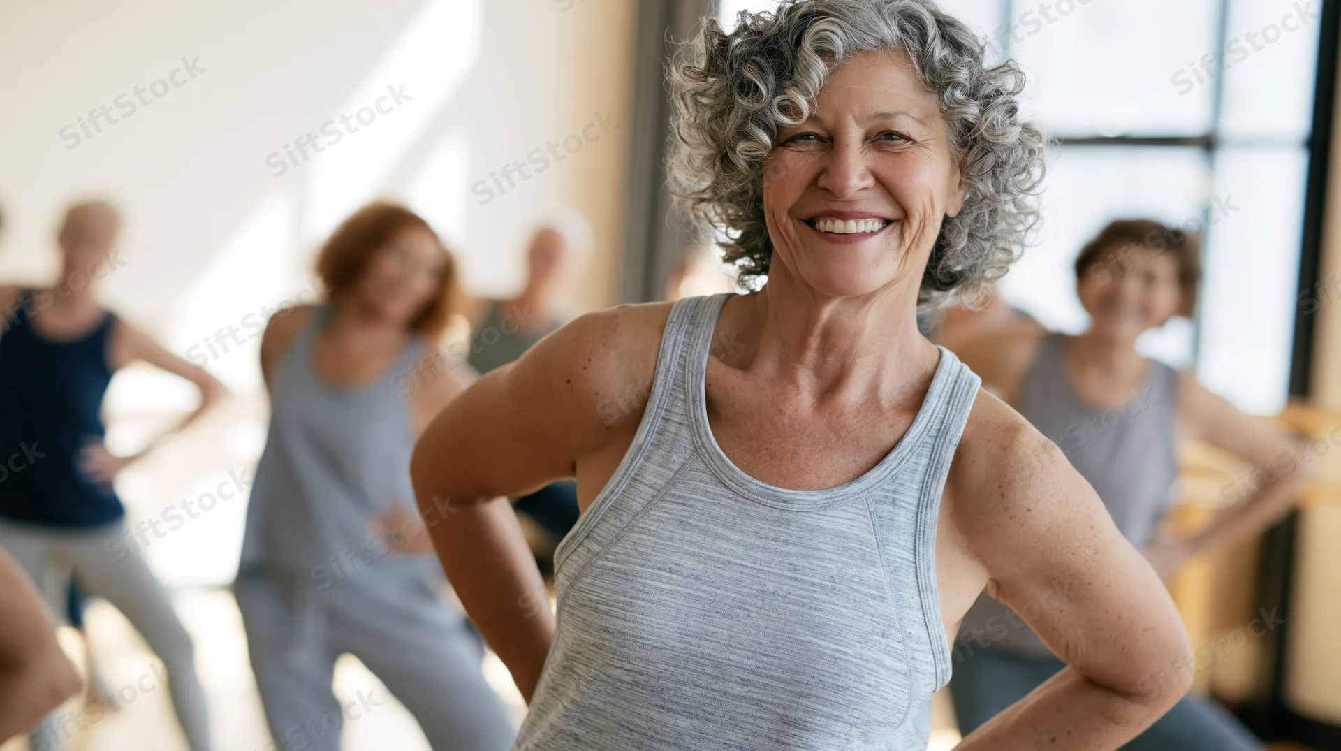 Smiling senior woman in workout attire posing with hands on hips during group fitness class indoors