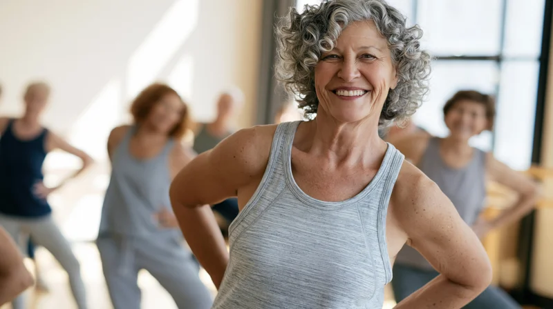 Smiling senior woman in workout attire posing with hands on hips during group fitness class indoors