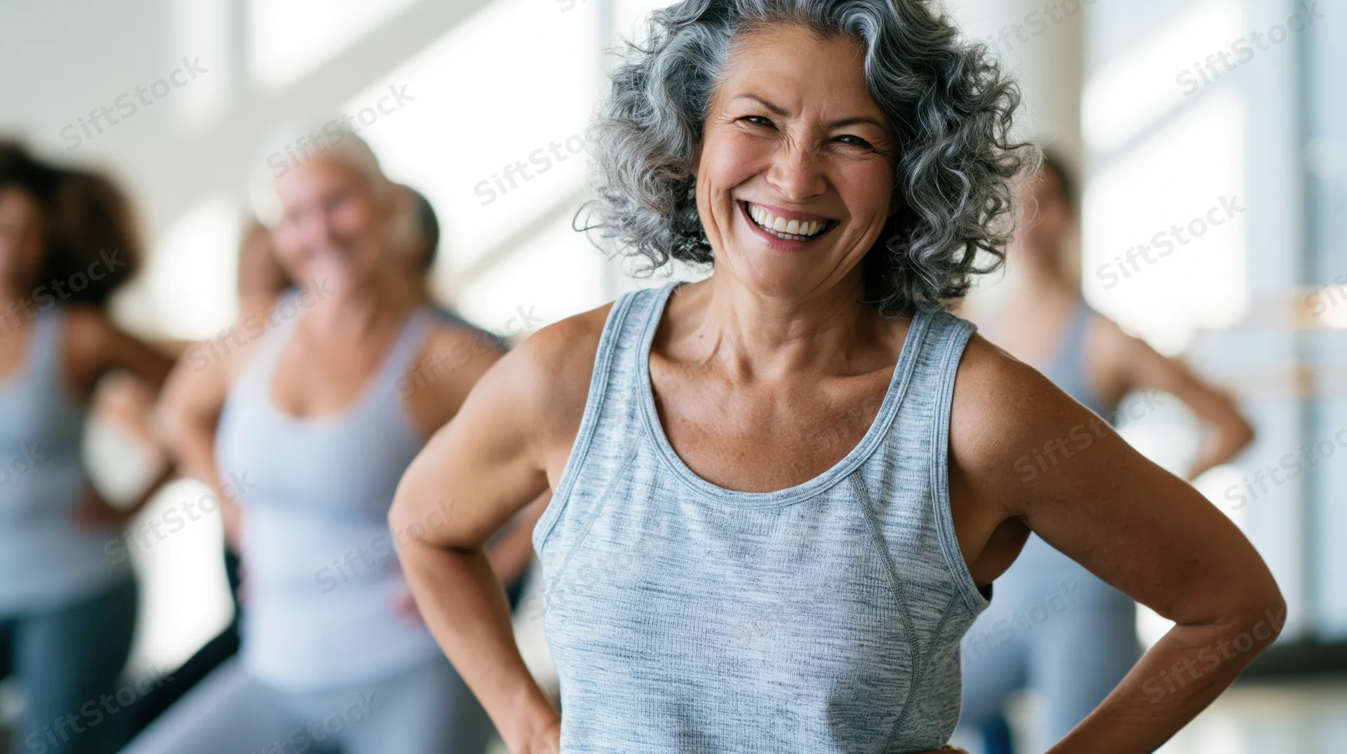 Senior woman smiling with hands on hips during group fitness class in bright studio