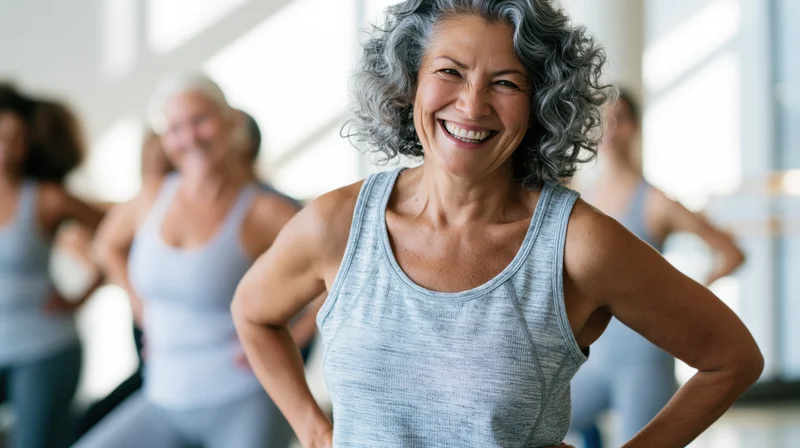 Senior woman smiling with hands on hips during group fitness class in bright studio