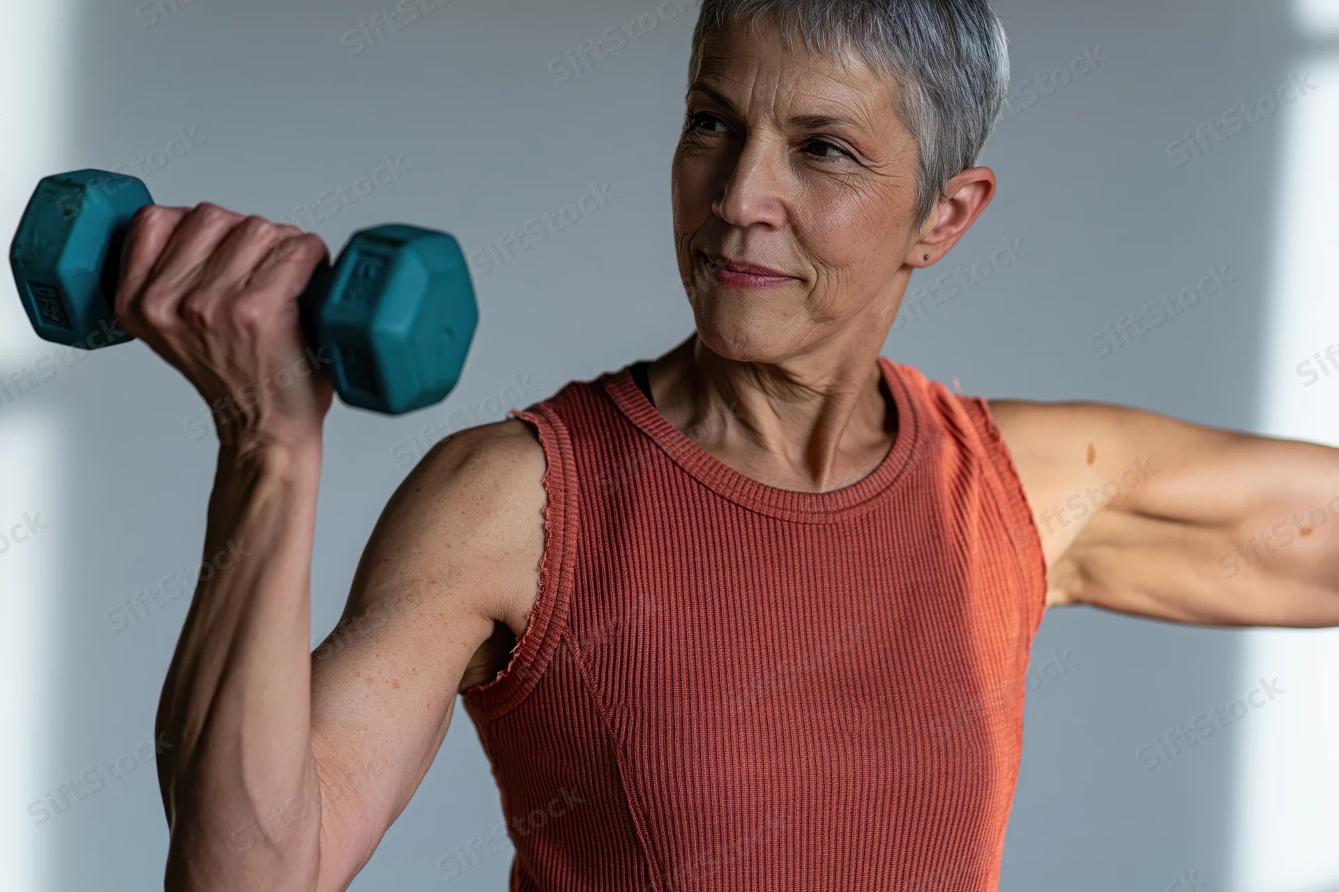 Senior woman lifting dumbbell during strength workout indoors