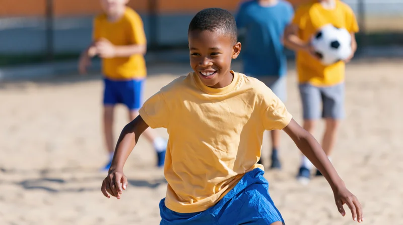 Boy smiling and running while playing soccer outdoors on a sandy schoolyard with teammates in the background