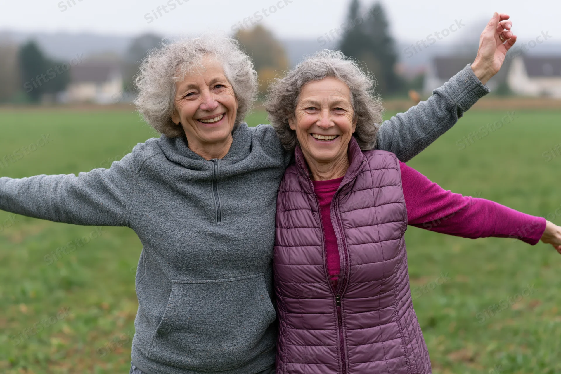Two senior women smiling with arms outstretched in a grassy field