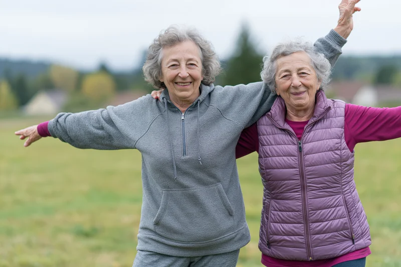 Two senior women smiling with arms outstretched in a grassy field