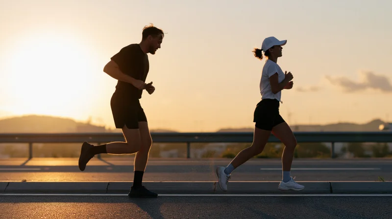Man and woman jogging side by side on a roadside guardrail at sunset