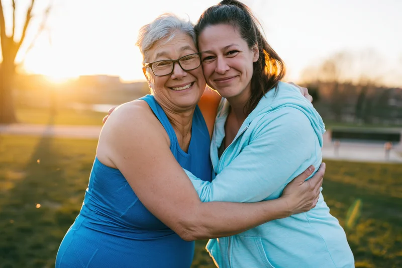 Two women hugging in a park at sunset wearing sportswear