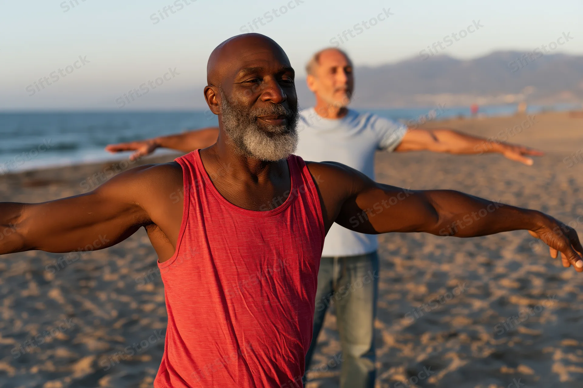 Senior black man stretching arms wide on sandy beach at sunset with ocean and mountains in background