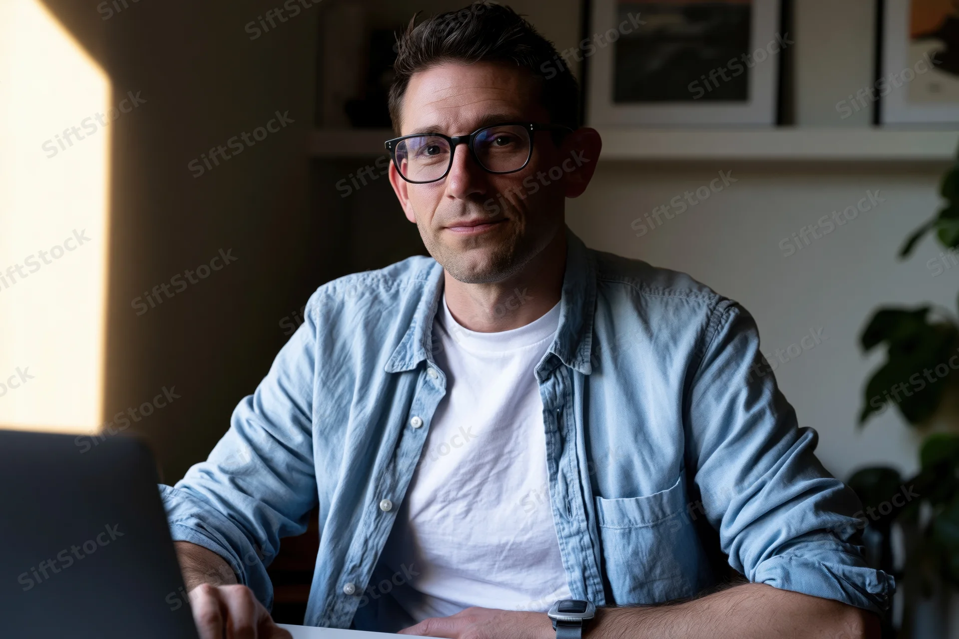 Man with glasses working on laptop at home office desk