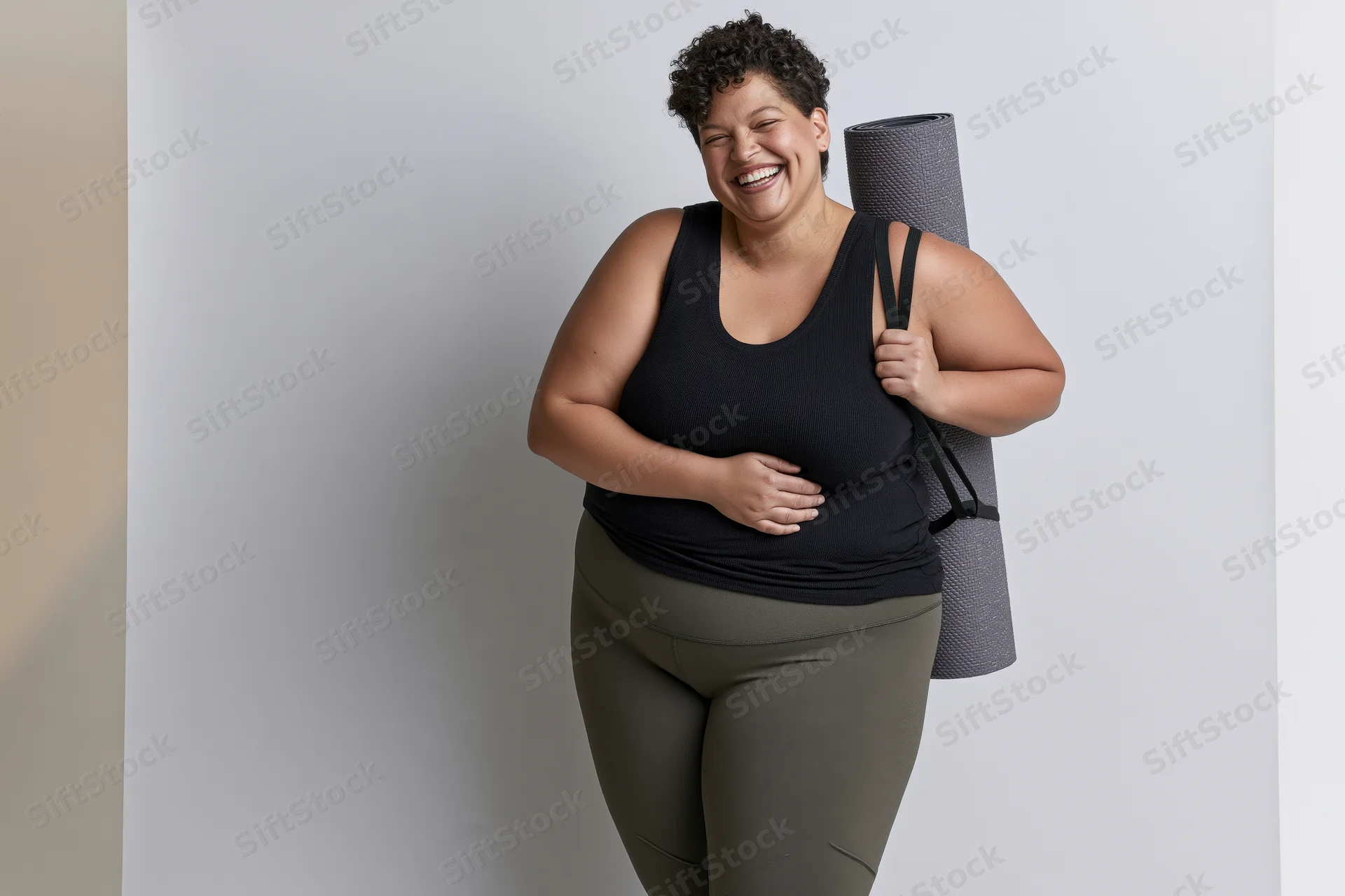 Plus-size woman smiling while holding yoga mat over shoulder in studio