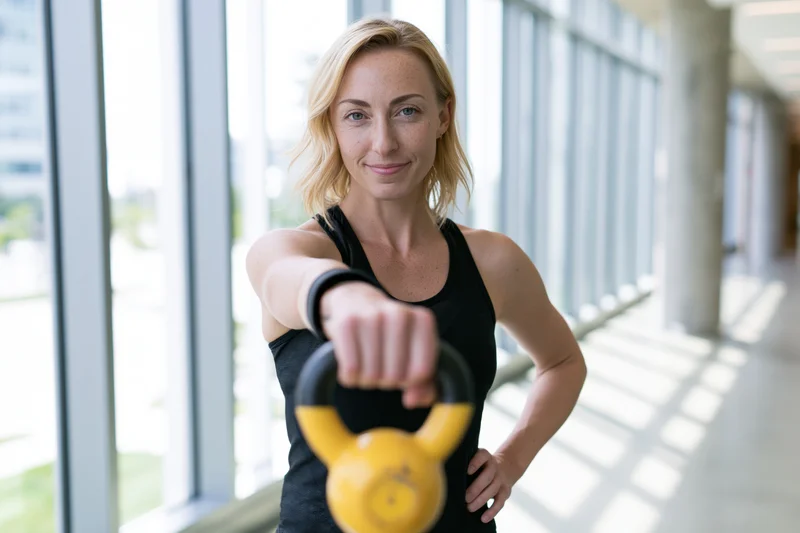 Woman holding yellow kettlebell in modern indoor corridor with windows