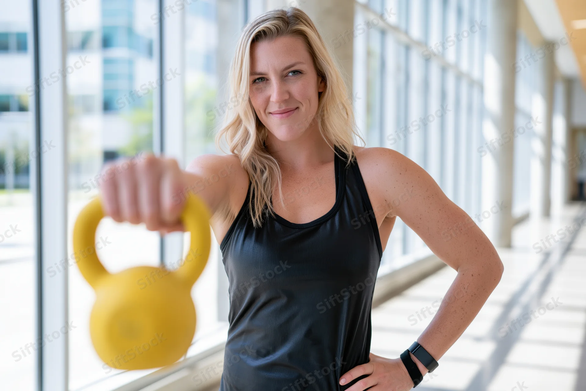 Woman holding yellow kettlebell in modern indoor corridor with sunlight through windows