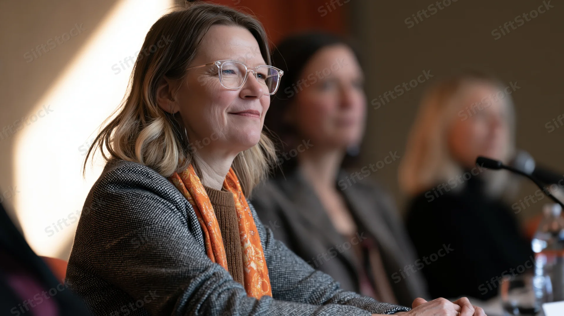 Woman in blazer and orange scarf smiling while listening at a conference panel table