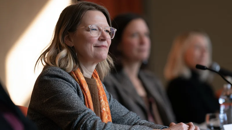 Woman in blazer and orange scarf smiling while listening at a conference panel table