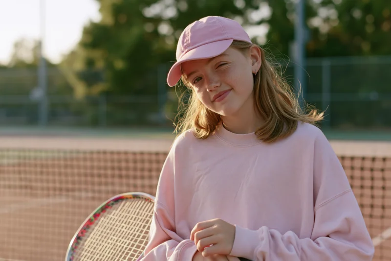 Young girl smiling while holding a tennis racket on a court