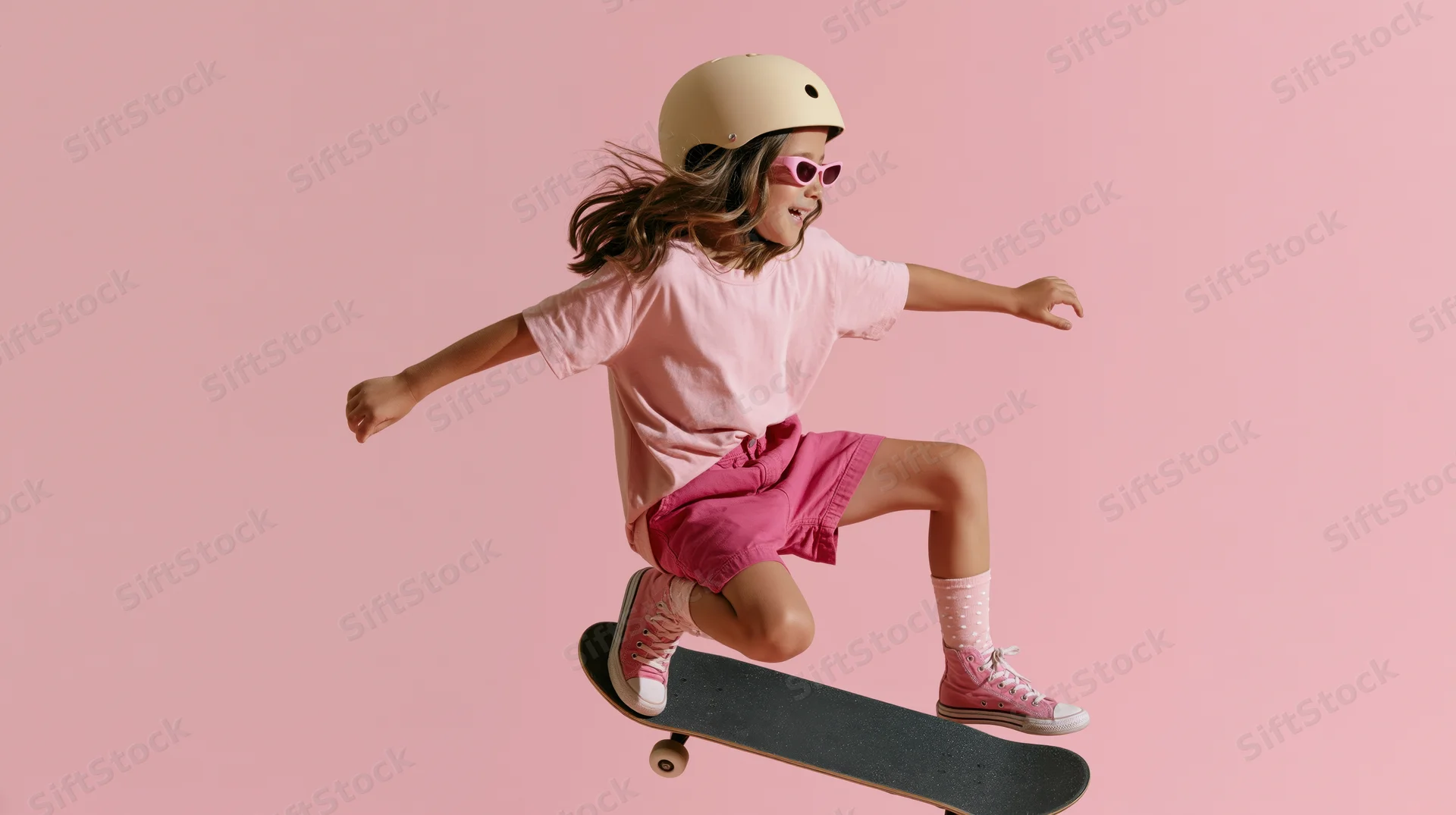 Young girl riding skateboard in pink outfit against pink background
