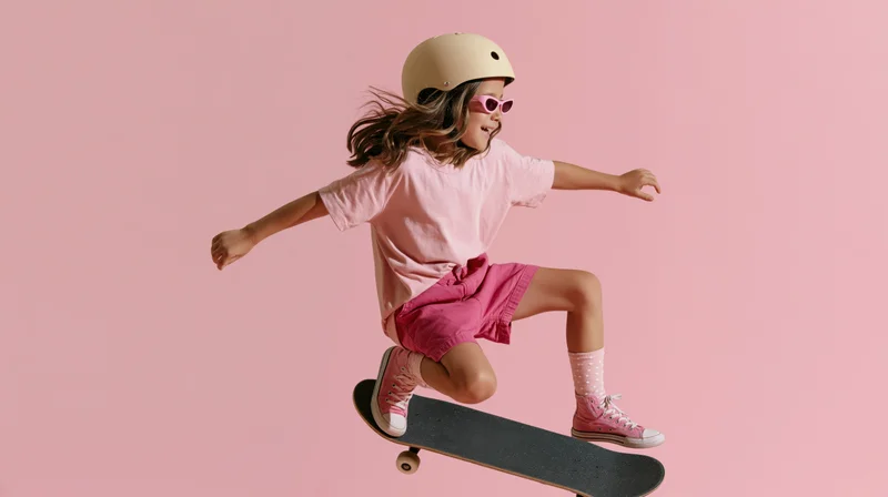 Young girl riding skateboard in pink outfit against pink background