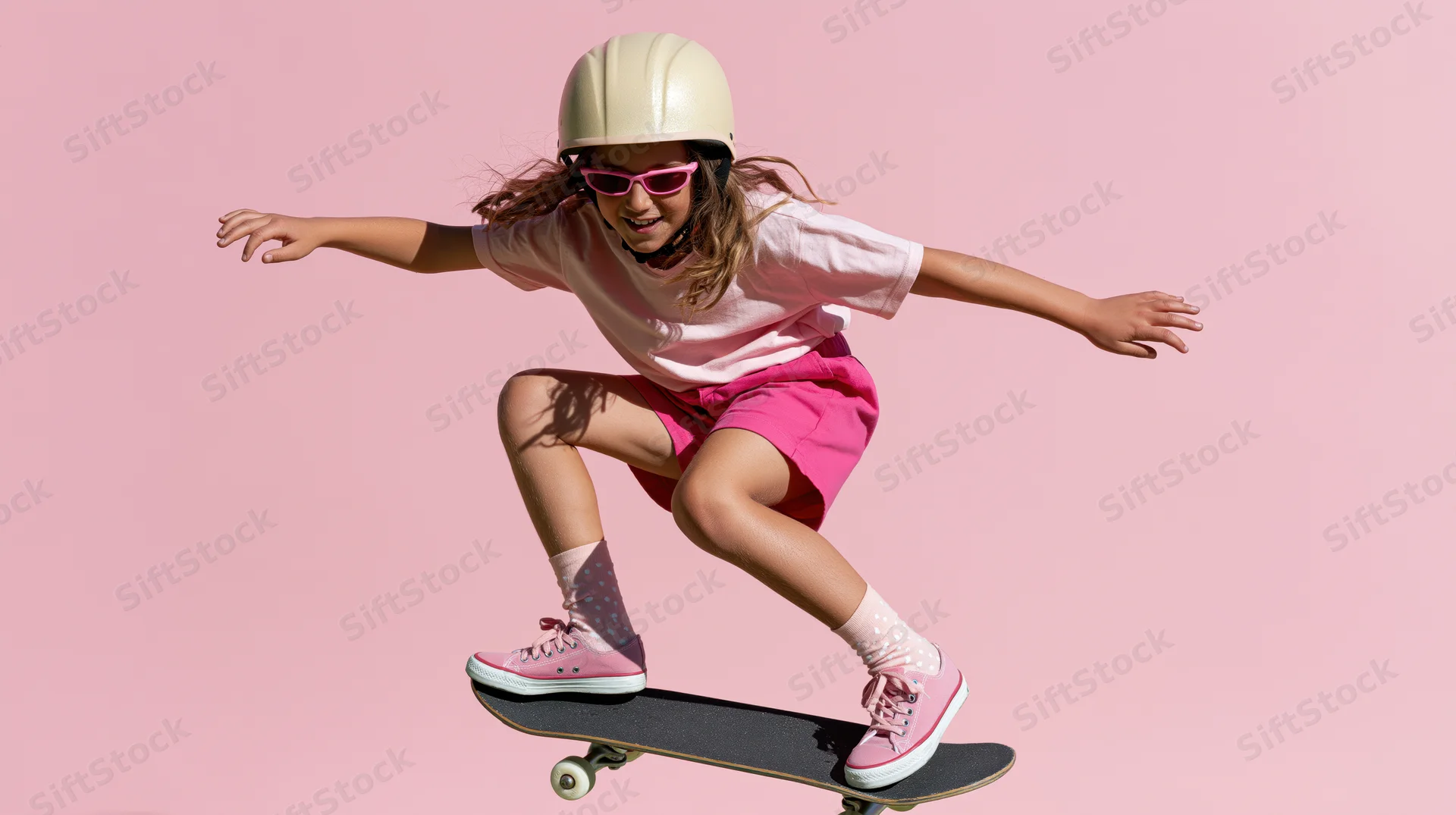 Young girl riding skateboard in pink outfit with helmet and sunglasses against pink background
