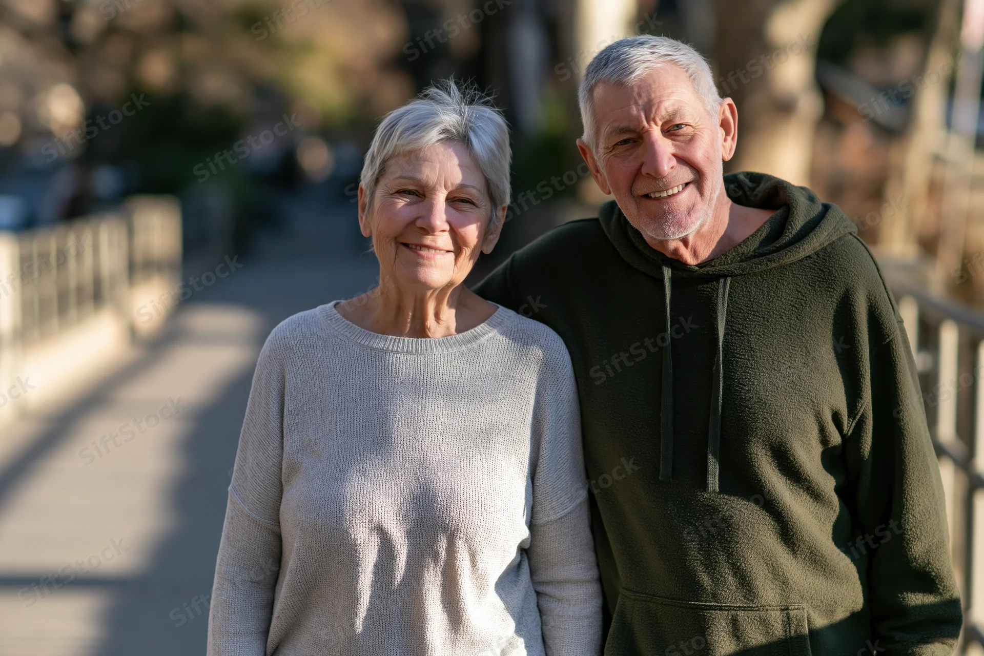 Older couple smiling together on a bridge sidewalk outdoors