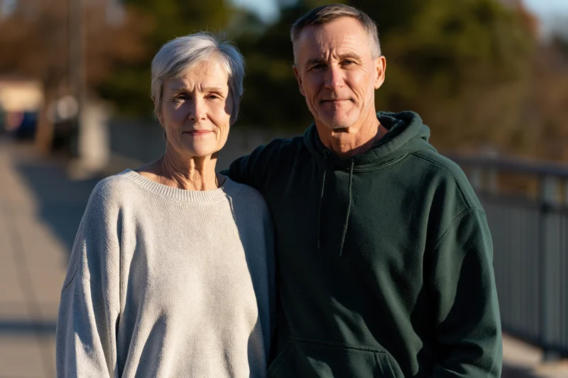 Older couple standing together on a sidewalk smiling at camera in daylight