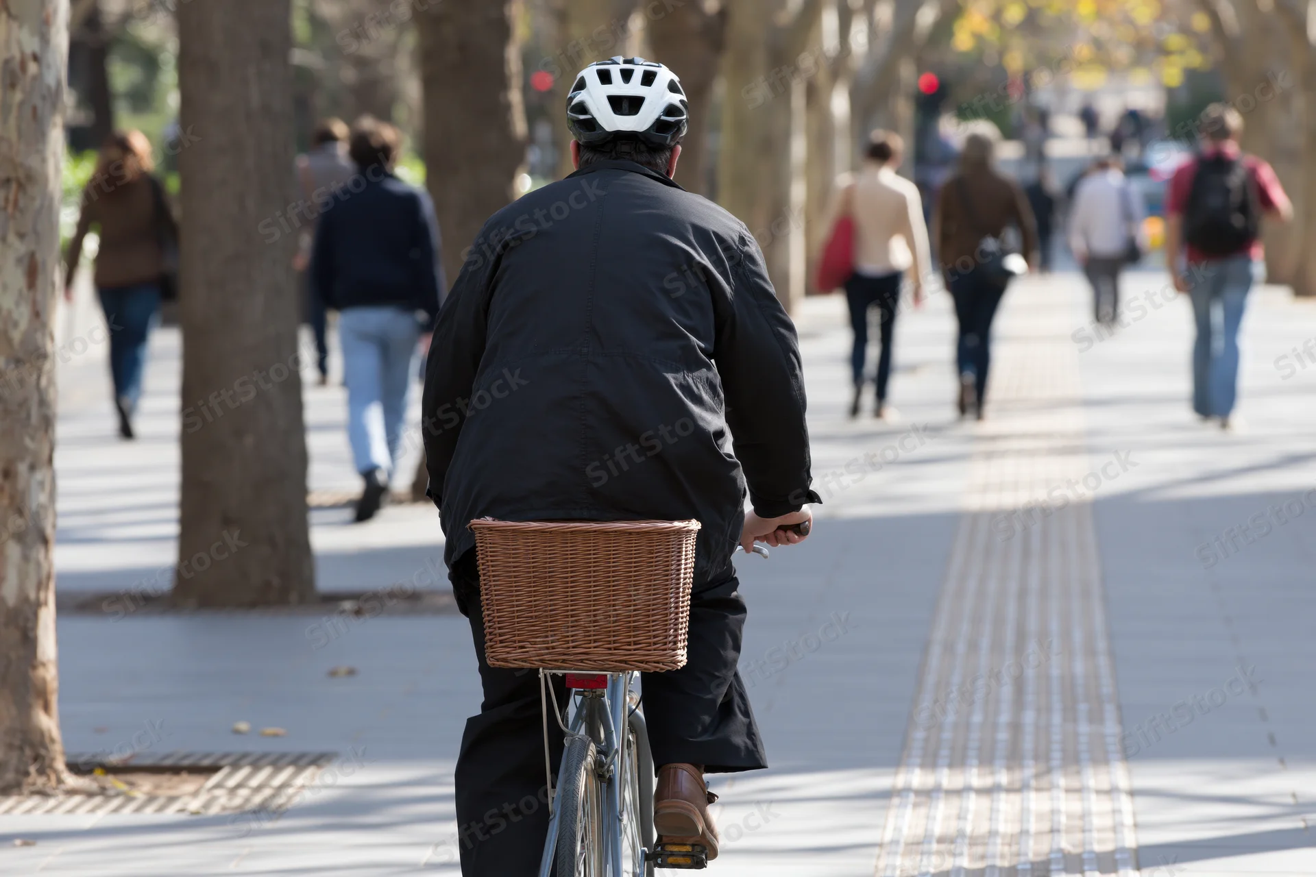 Cyclist riding bicycle with wicker basket on city sidewalk lined with trees, seen from behind with pedestrians walking ahead