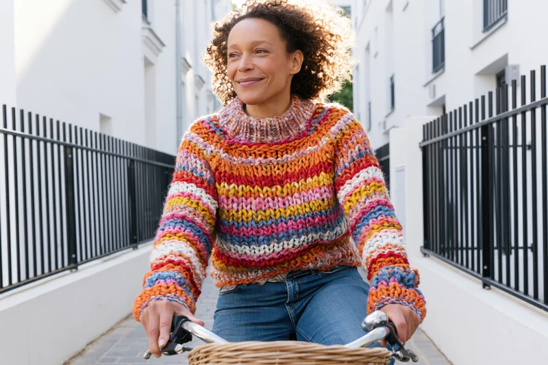 Woman riding bicycle on city sidewalk wearing colorful knitted sweater