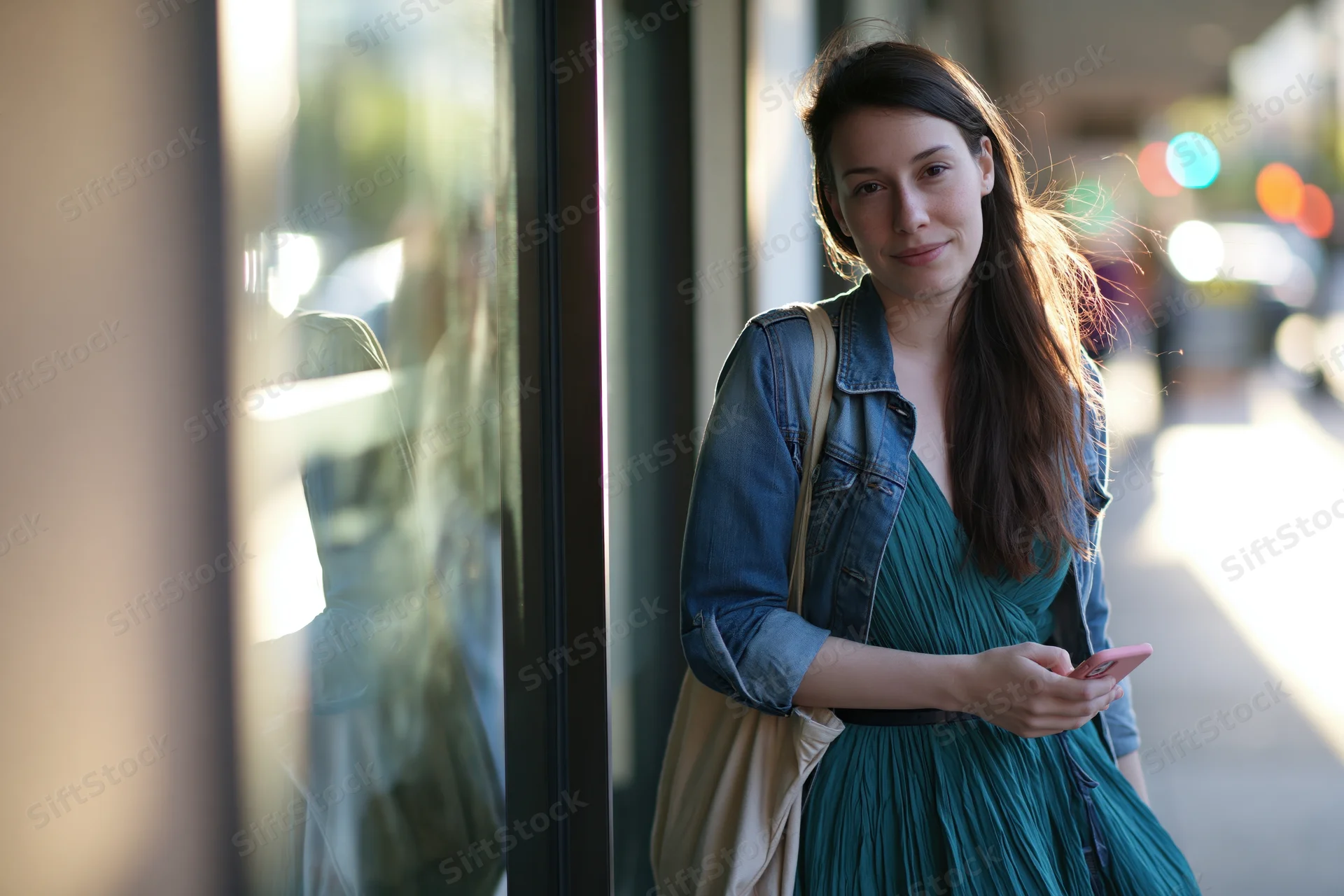 Young woman standing on city sidewalk holding smartphone, wearing denim jacket and teal dress, with tote bag, reflected in glass window