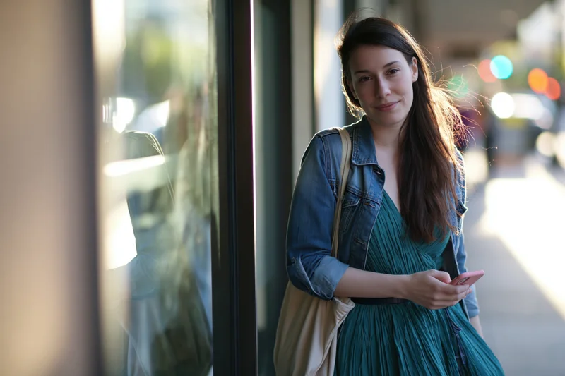 Young woman standing on city sidewalk holding smartphone, wearing denim jacket and teal dress, with tote bag, reflected in glass window