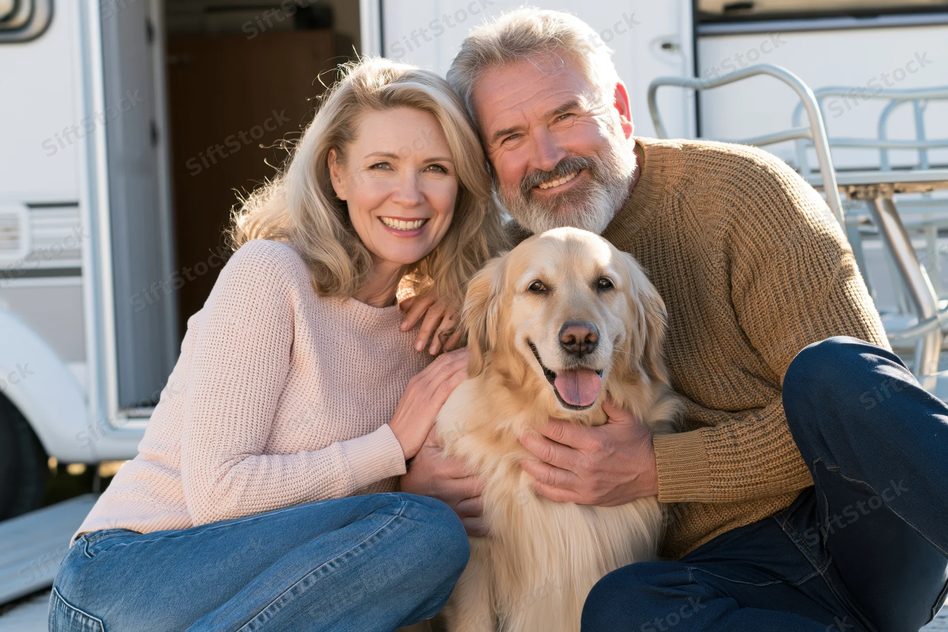 Senior couple smiling with golden retriever dog in front of campervan