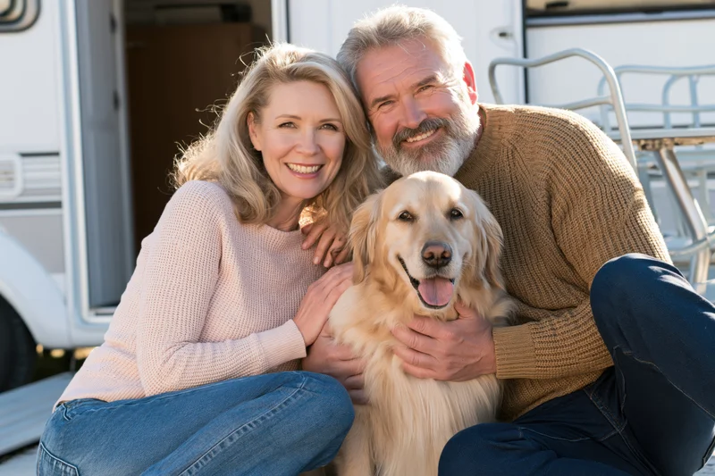 Senior couple smiling with golden retriever dog in front of campervan
