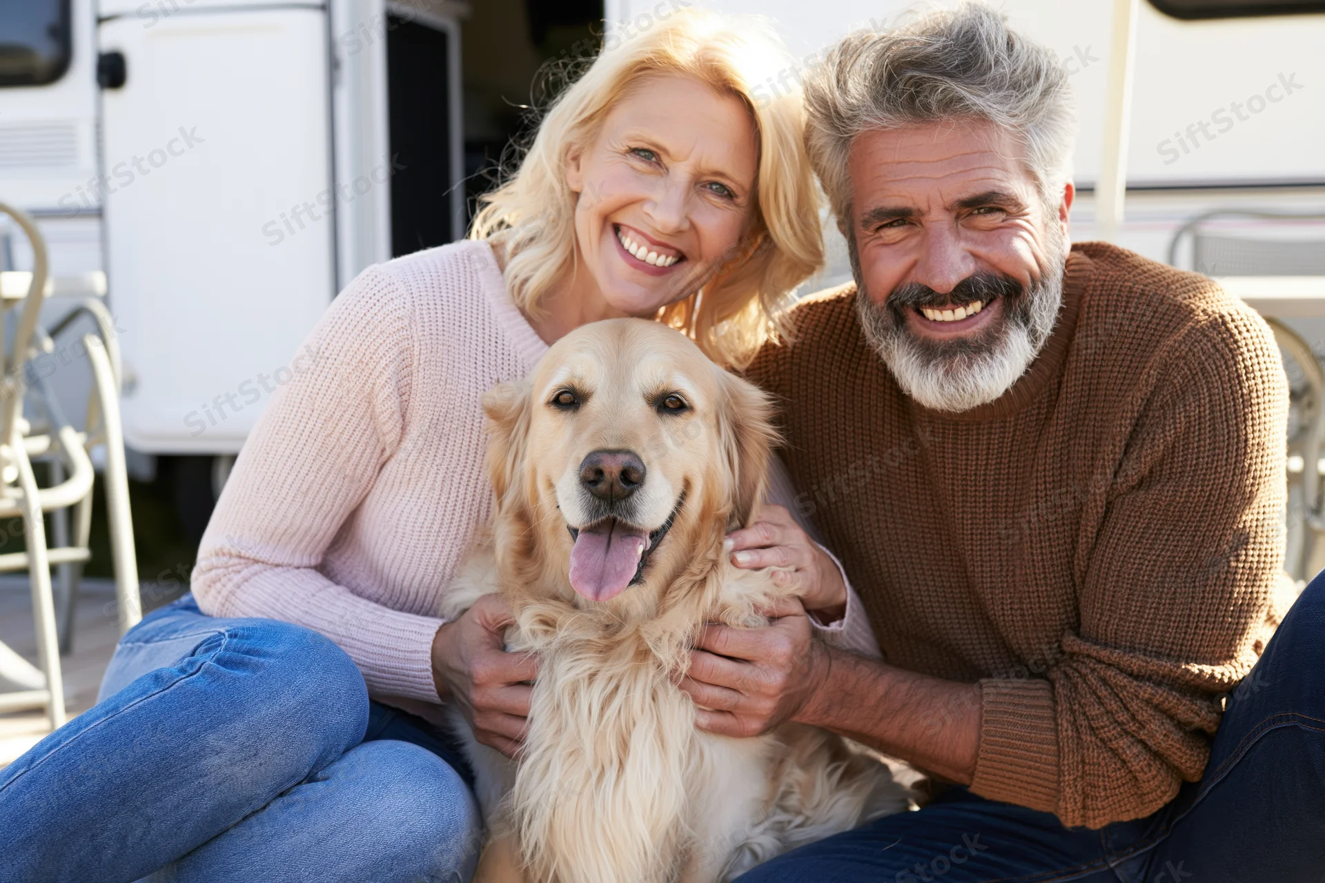Senior couple smiling with golden retriever dog outdoors near rv trailer