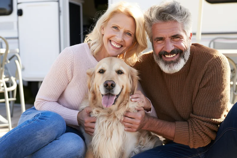 Senior couple smiling with golden retriever dog outdoors near rv trailer