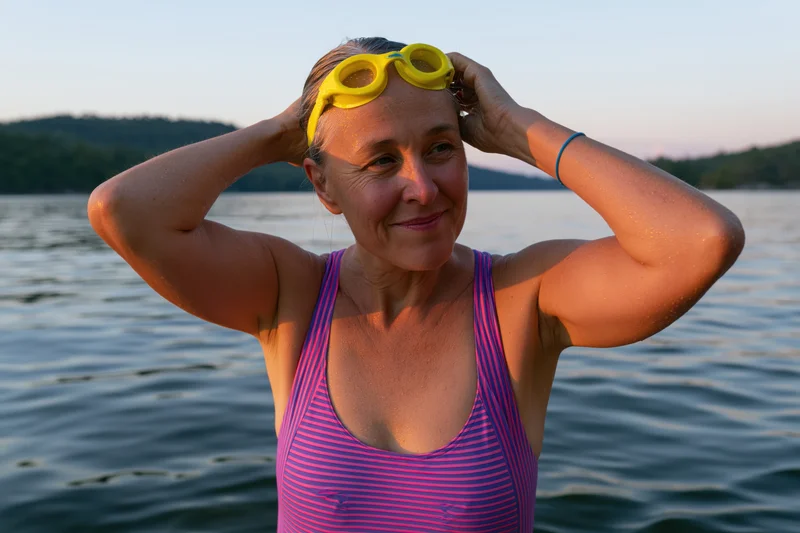 Middle-aged woman adjusting yellow swimming goggles while standing in a lake, smiling at the camera