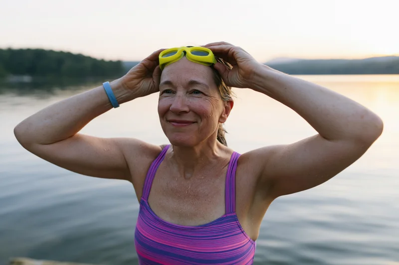 Middle-aged woman adjusting yellow swim goggles on her head by a lake at sunset
