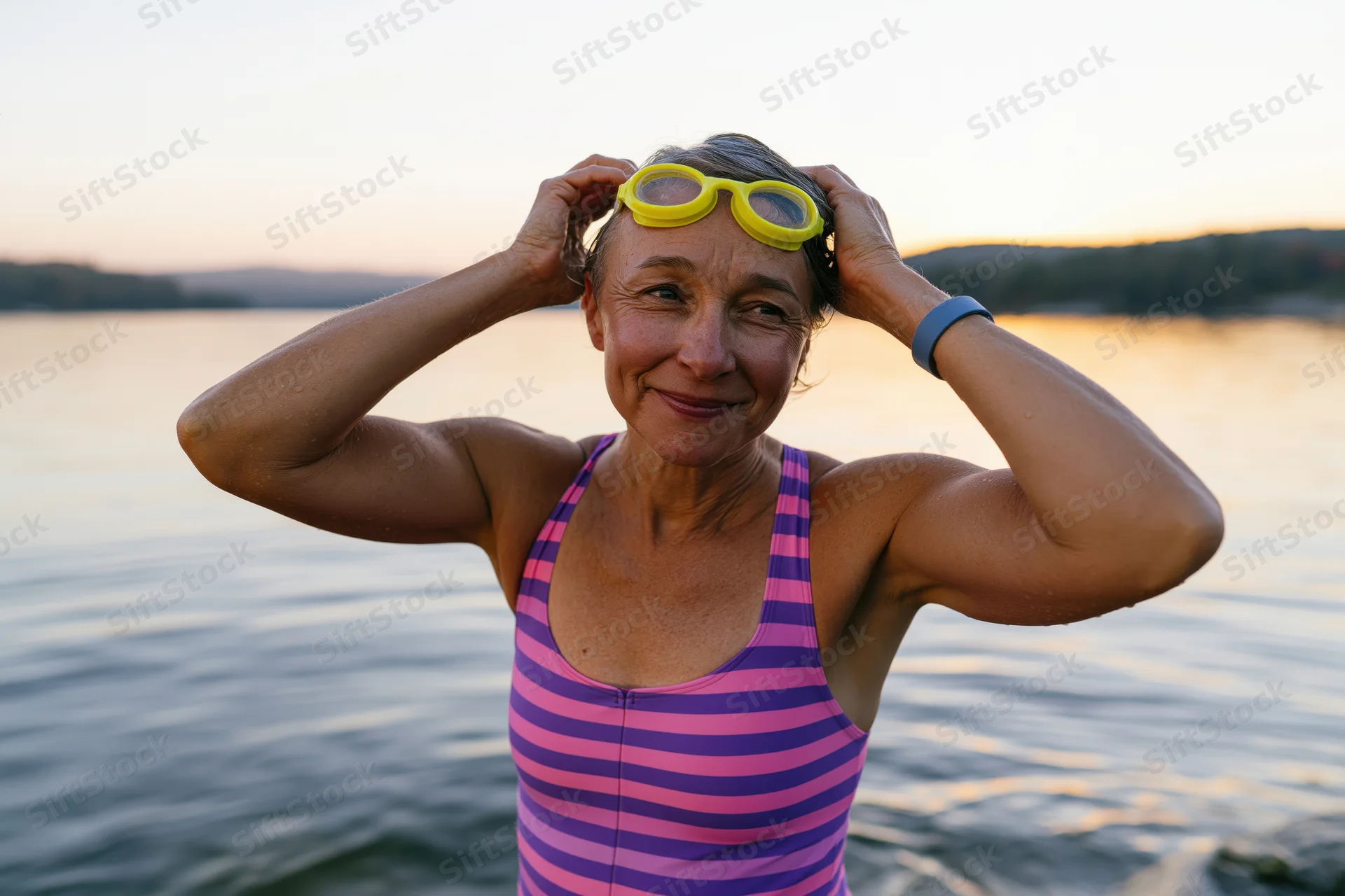 Middle-aged woman adjusting yellow swimming goggles while standing in a lake at sunset