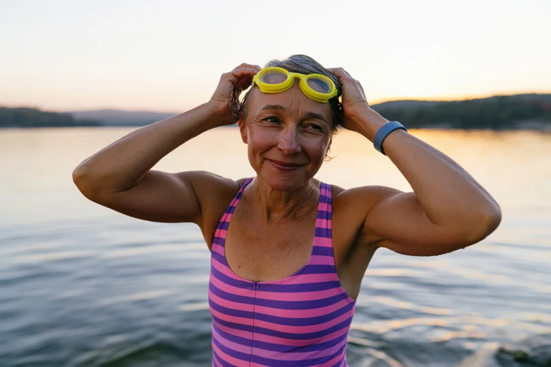 Middle-aged woman adjusting yellow swimming goggles while standing in a lake at sunset