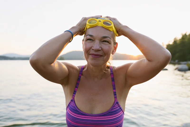 Middle-aged woman adjusting yellow swim goggles by a lake at sunset